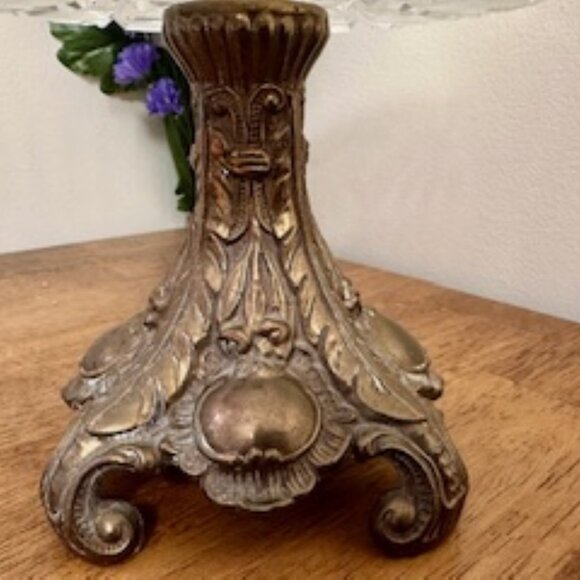 Vintage Cut Crystal Compote with Ornate Metal Base Heavy Pressed‎ Glass Pedestal - Picture 5 of 5